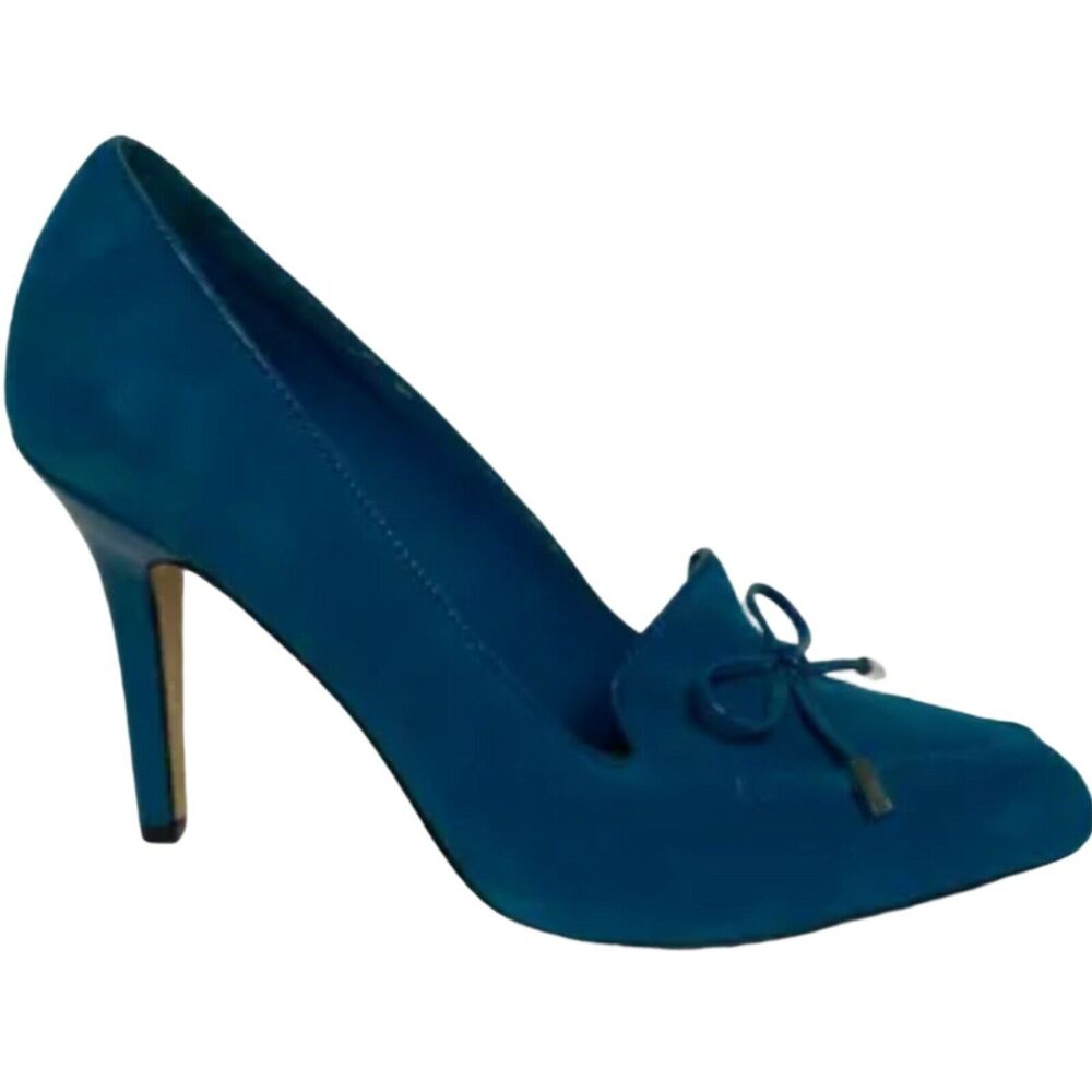 White House Black Market Size 7.5M Heels Women's Blue Teal Suede Shoe Bow Tassel